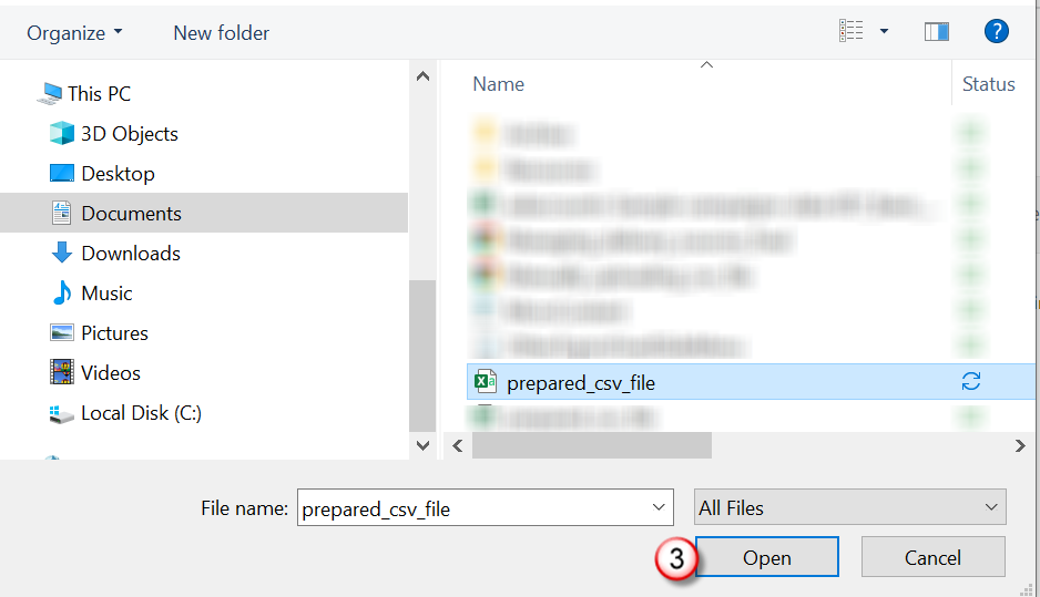 File Explorer window showing where the example CSV file is saved and the Open button highlighted.